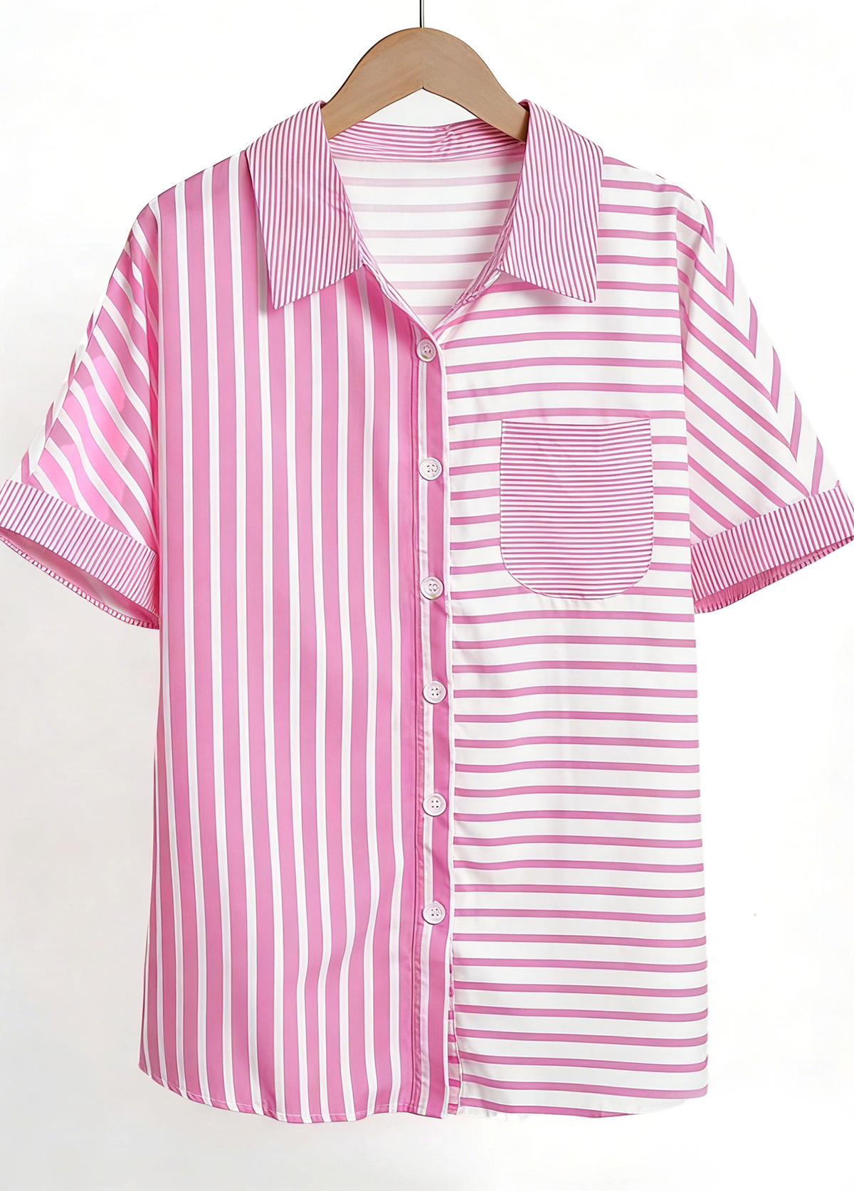 Pink tops,White tops,Striped tops,Geometric tops,ROTITA Pocket Striped Pink Short Sleeve Shirt