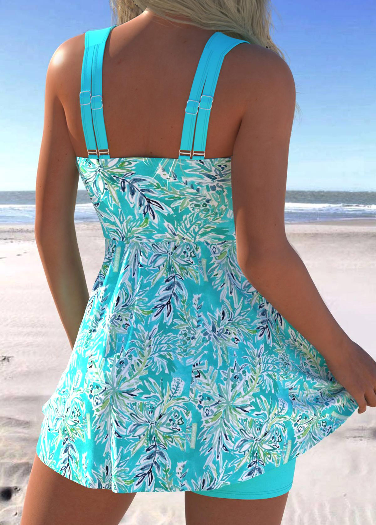Cyan swimwear,Plants swimwear,ROTITA Surplice Cyan Leaf Print Mid Waisted Tankini Set