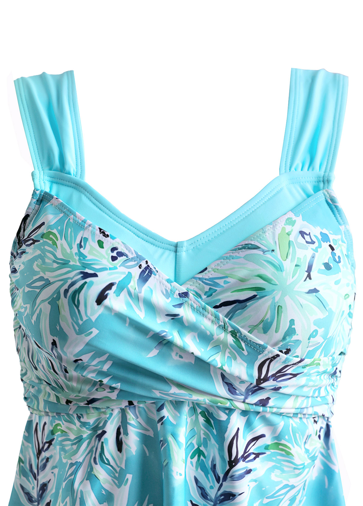 Cyan swimwear,Plants swimwear,ROTITA Surplice Cyan Leaf Print Mid Waisted Tankini Set