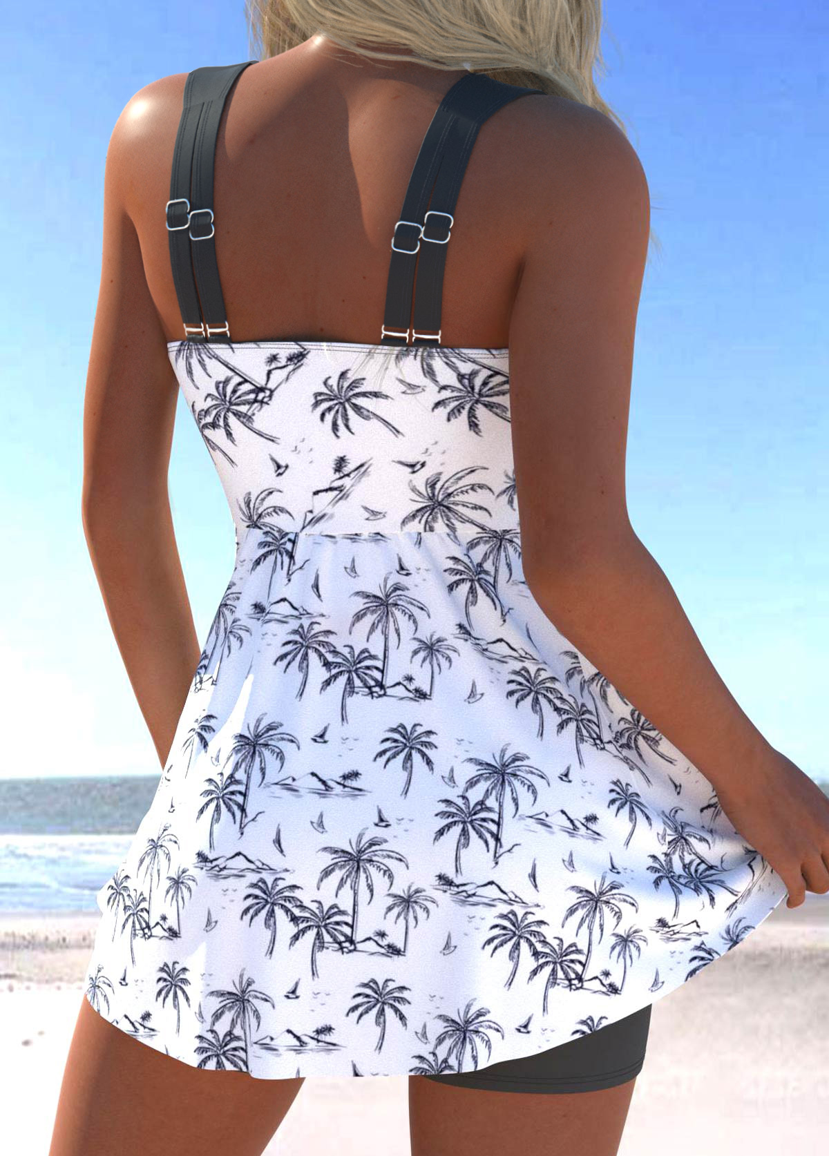 White swimwear,Plants swimwear,ROTITA Surplice White Tropical Plants Print Swimdress and Shorts