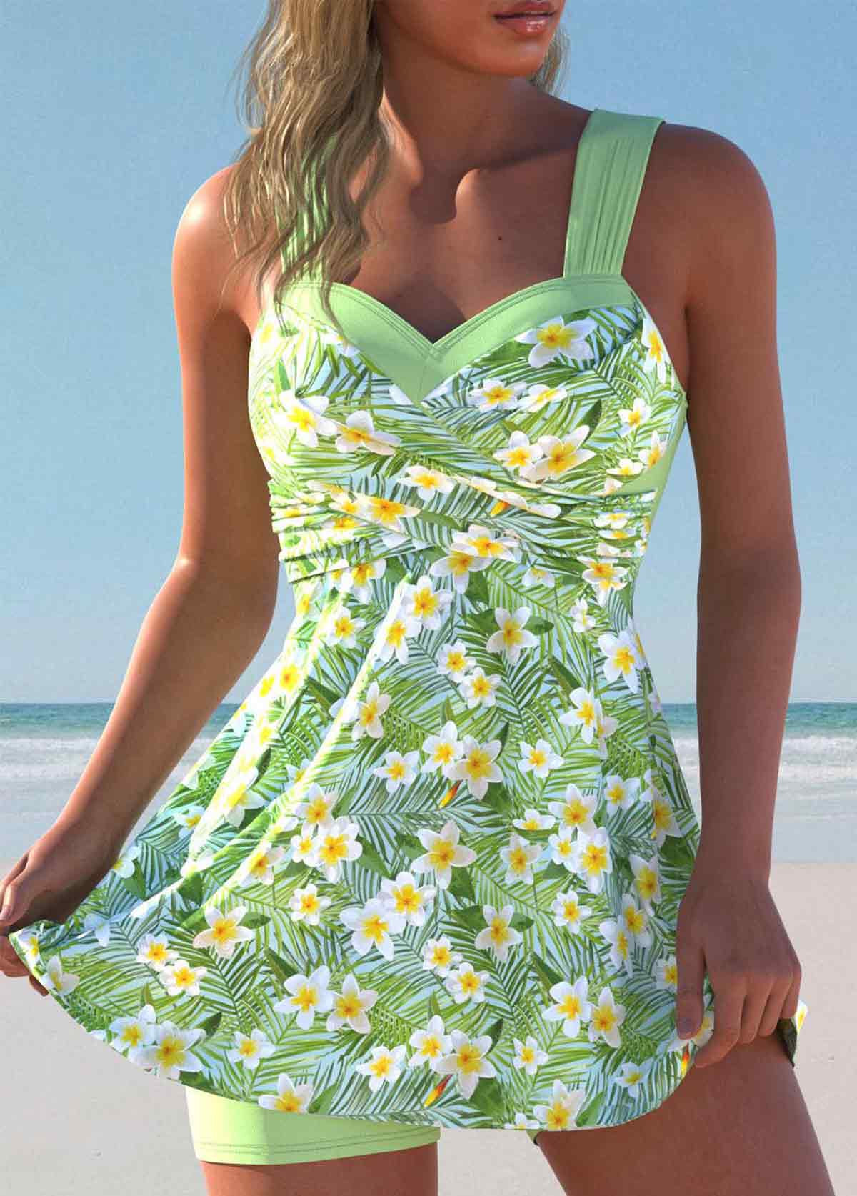 Light Green swimwear,Floral swimwear,Plants swimwear,ROTITA Surplice Light Green Floral Print Swimdress and Shorts