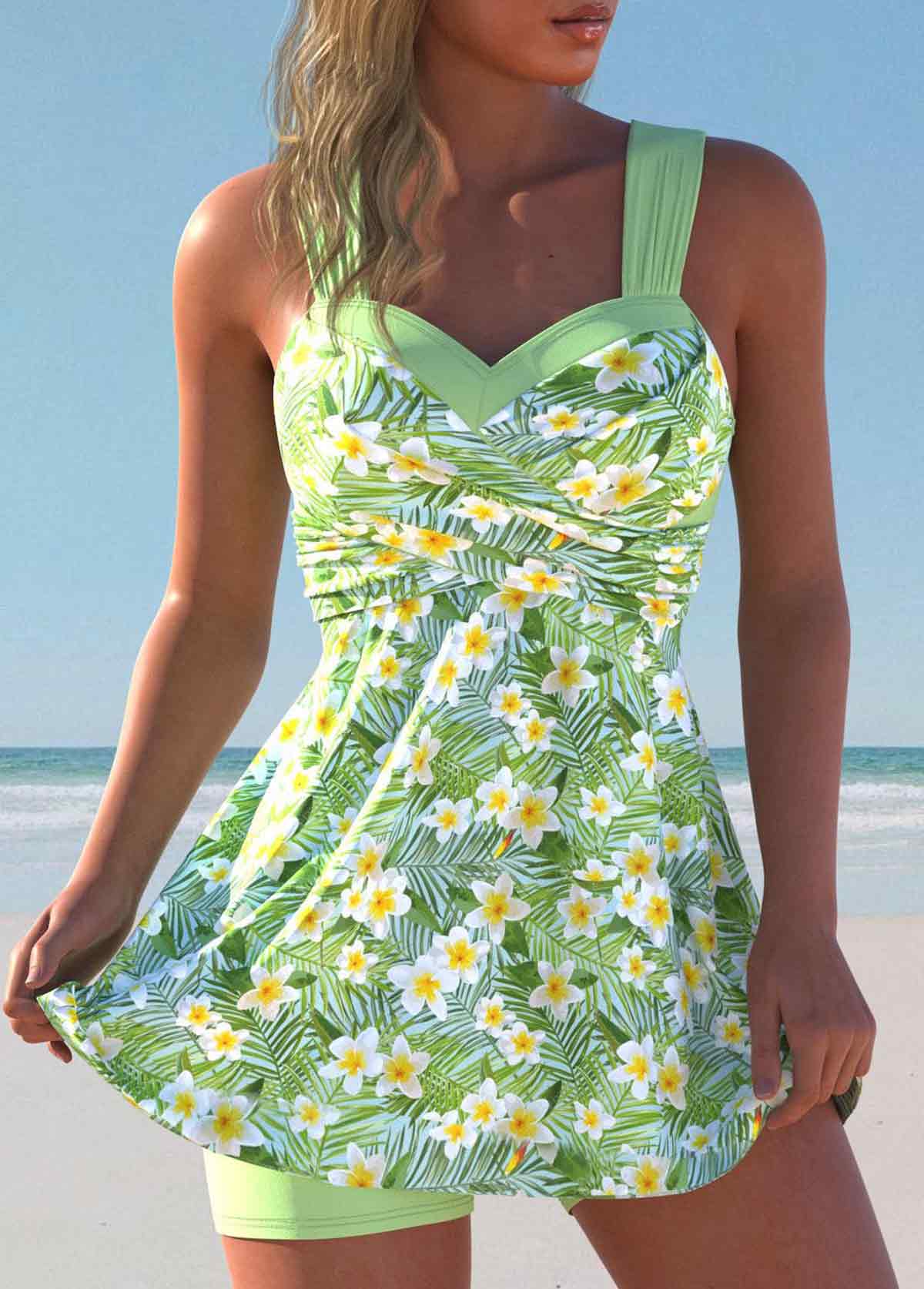Light Green swimwear,Floral swimwear,Plants swimwear,ROTITA Surplice Light Green Floral Print Swimdress and Shorts