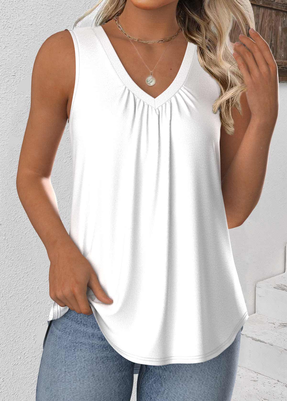 White tops,Plain Color tops,ROTITA White V Neck Sleeveless Tank Top