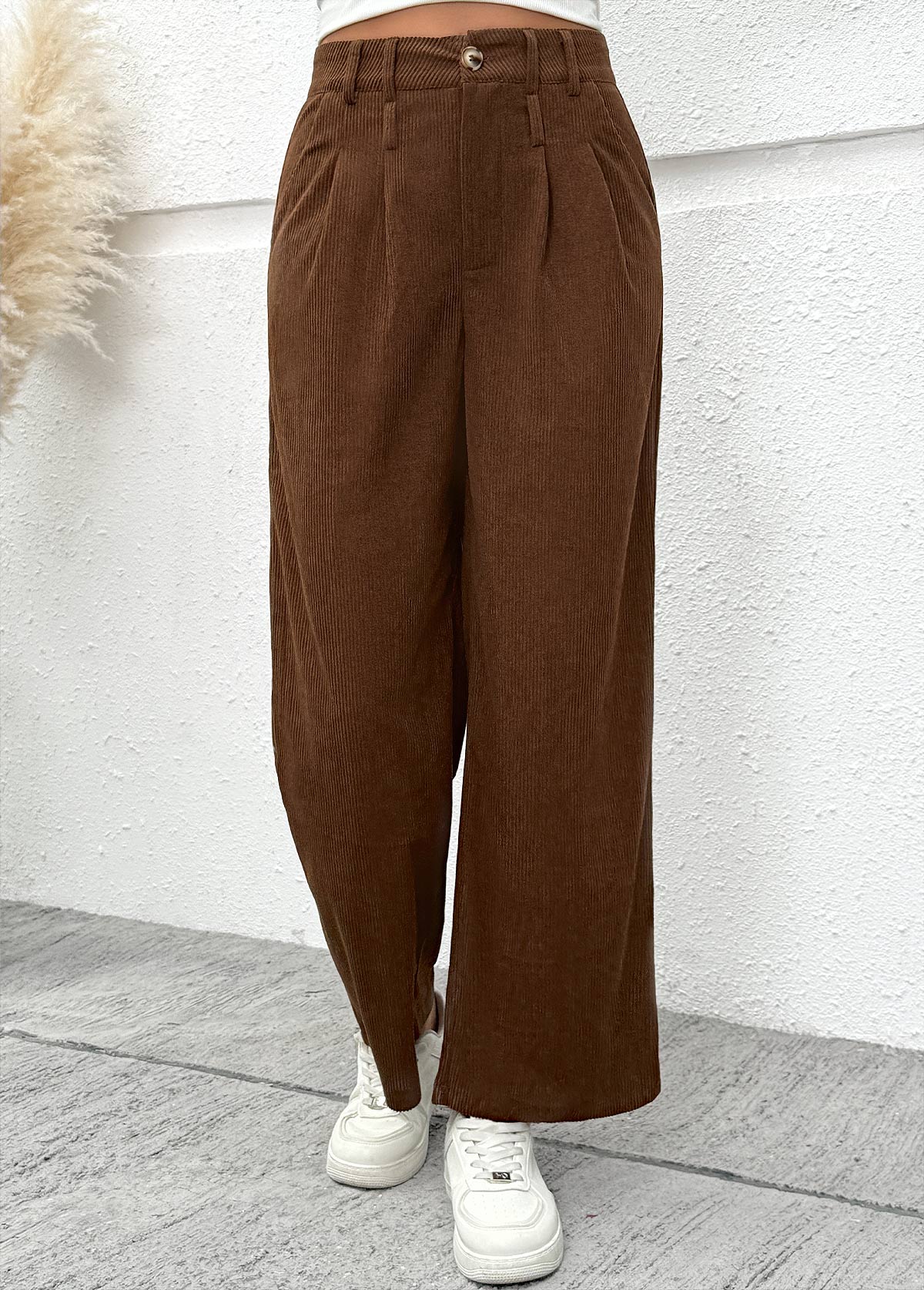 Dark Coffee bottoms,Plain Color bottoms,Dark Coffee Wide Leg Button Fly High Waisted Pants