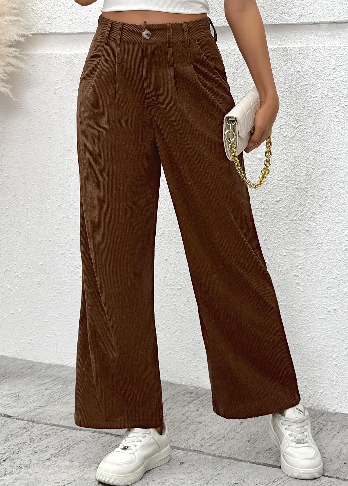 Dark Coffee bottoms,Plain Color bottoms,Dark Coffee Wide Leg Button Fly High Waisted Pants