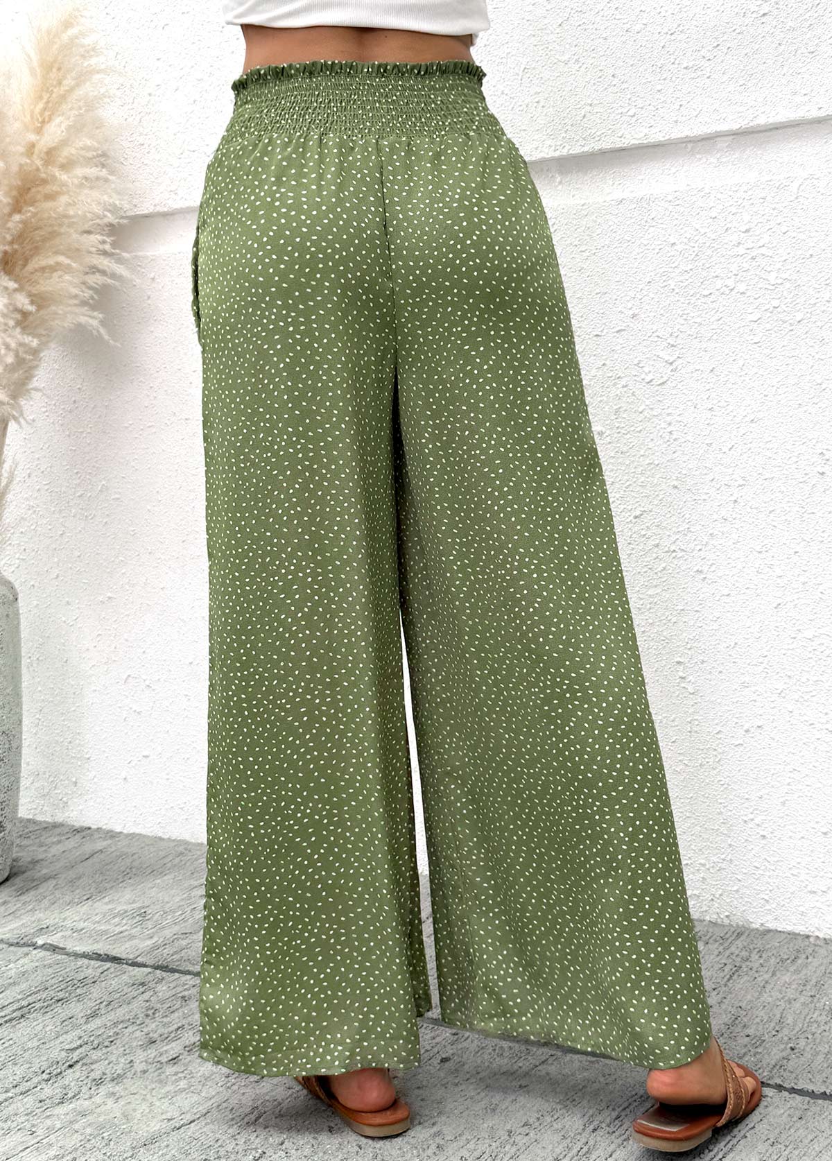 Sage Green bottoms,Plain Color bottoms,Flowy Sage Green Wide Leg Elastic Waist Pants