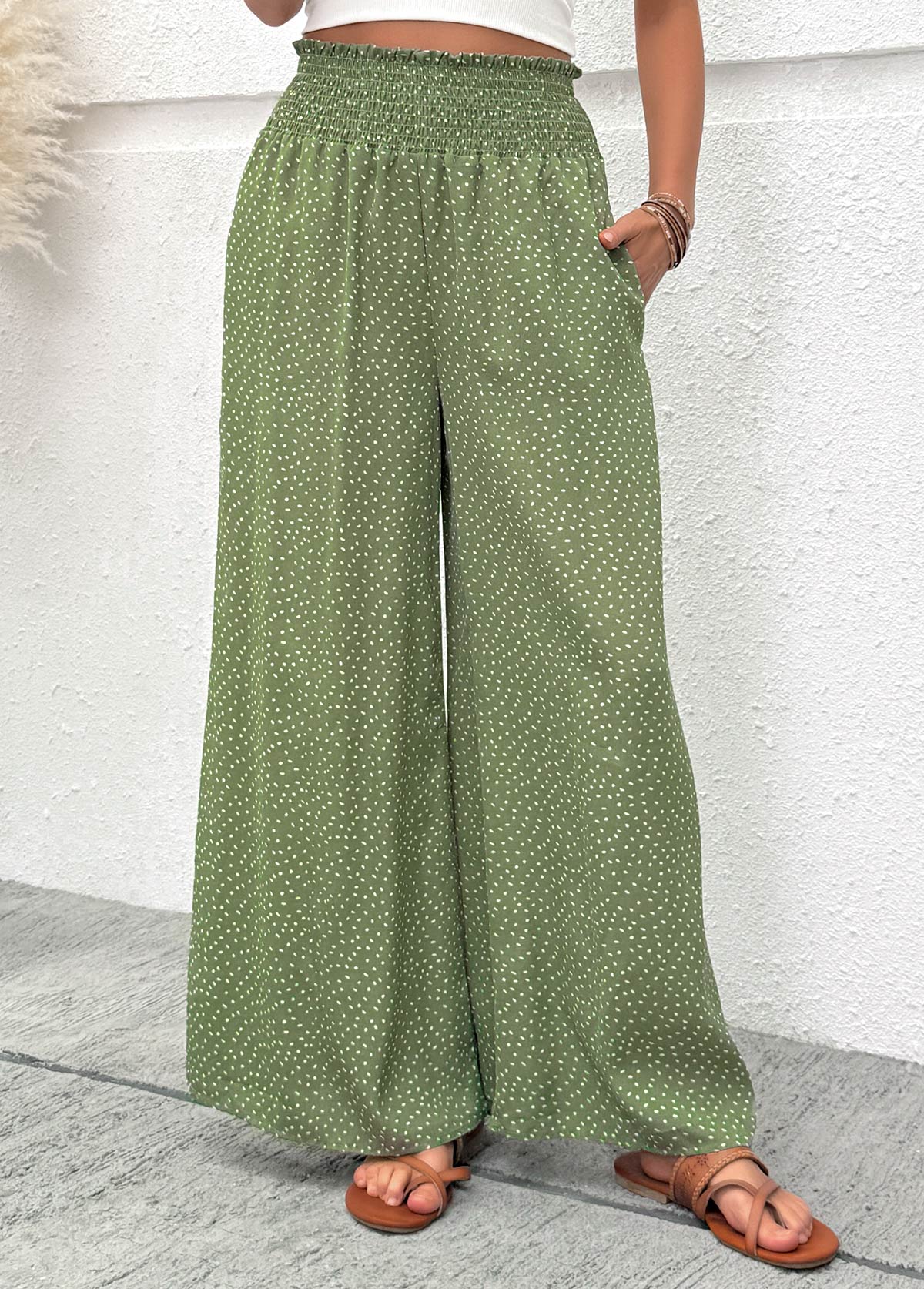 Sage Green bottoms,Plain Color bottoms,Flowy Sage Green Wide Leg Elastic Waist Pants