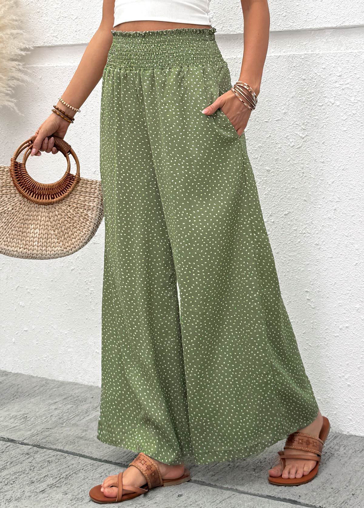 Sage Green bottoms,Plain Color bottoms,Flowy Sage Green Wide Leg Elastic Waist Pants