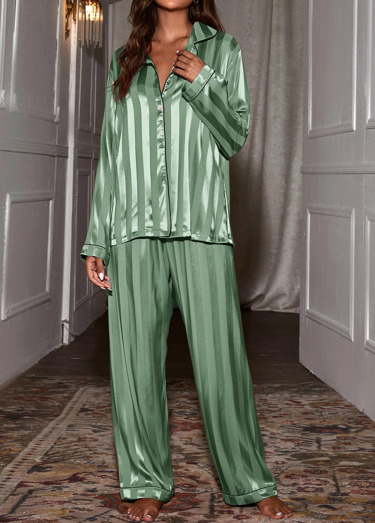 Green loungewear,Striped loungewear,Geometric loungewear,Striped Green Turn Down Collar Lounge Top and Pants