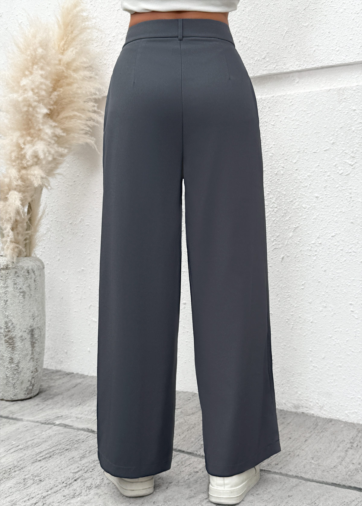 Dark Grey bottoms,Plain Color bottoms,Flowy Dark Grey Wide Leg Button Fly Pants