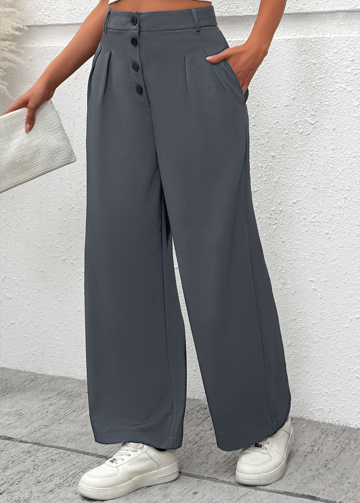 Dark Grey bottoms,Plain Color bottoms,Flowy Dark Grey Wide Leg Button Fly Pants