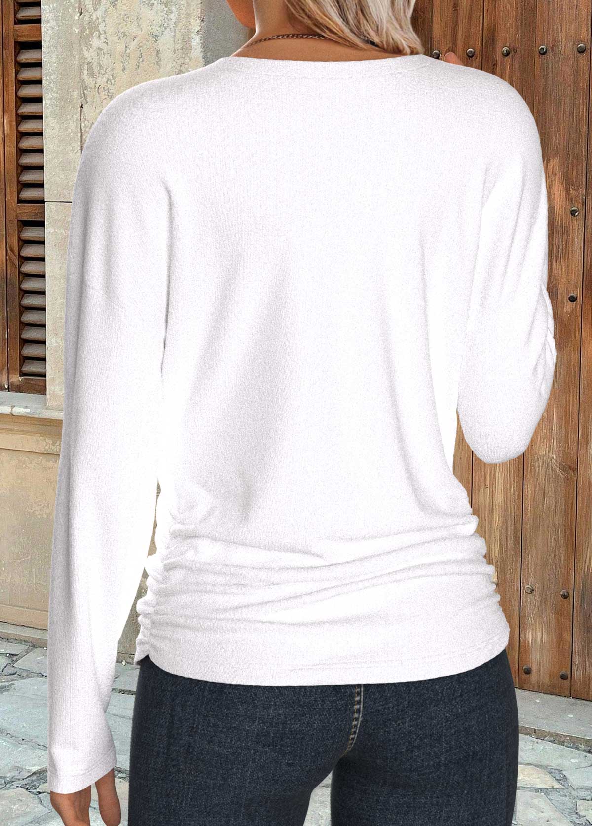 White tops,Plain Color tops,ROTITA Shirred White V Neck Long Sleeve T Shirt