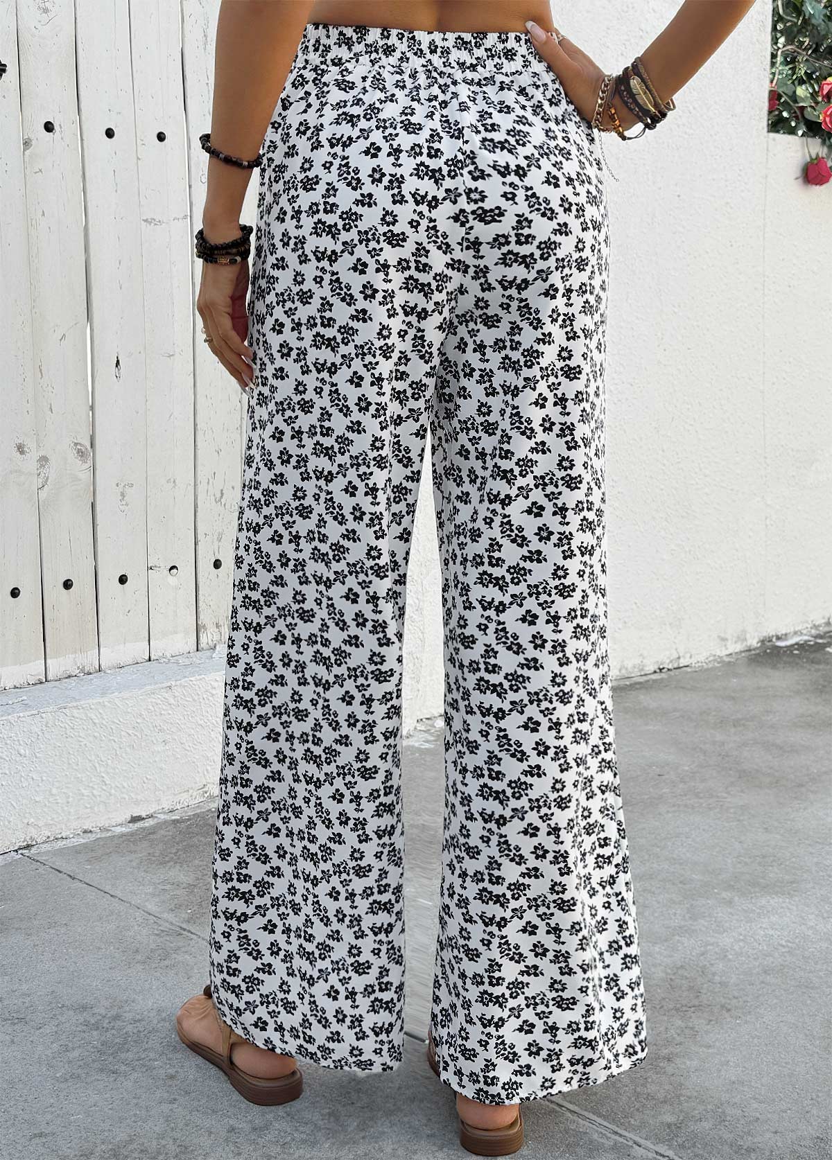 White bottoms,Ditsy Floral bottoms,Ditsy Floral Print White Wide Leg Elastic Waist Pants