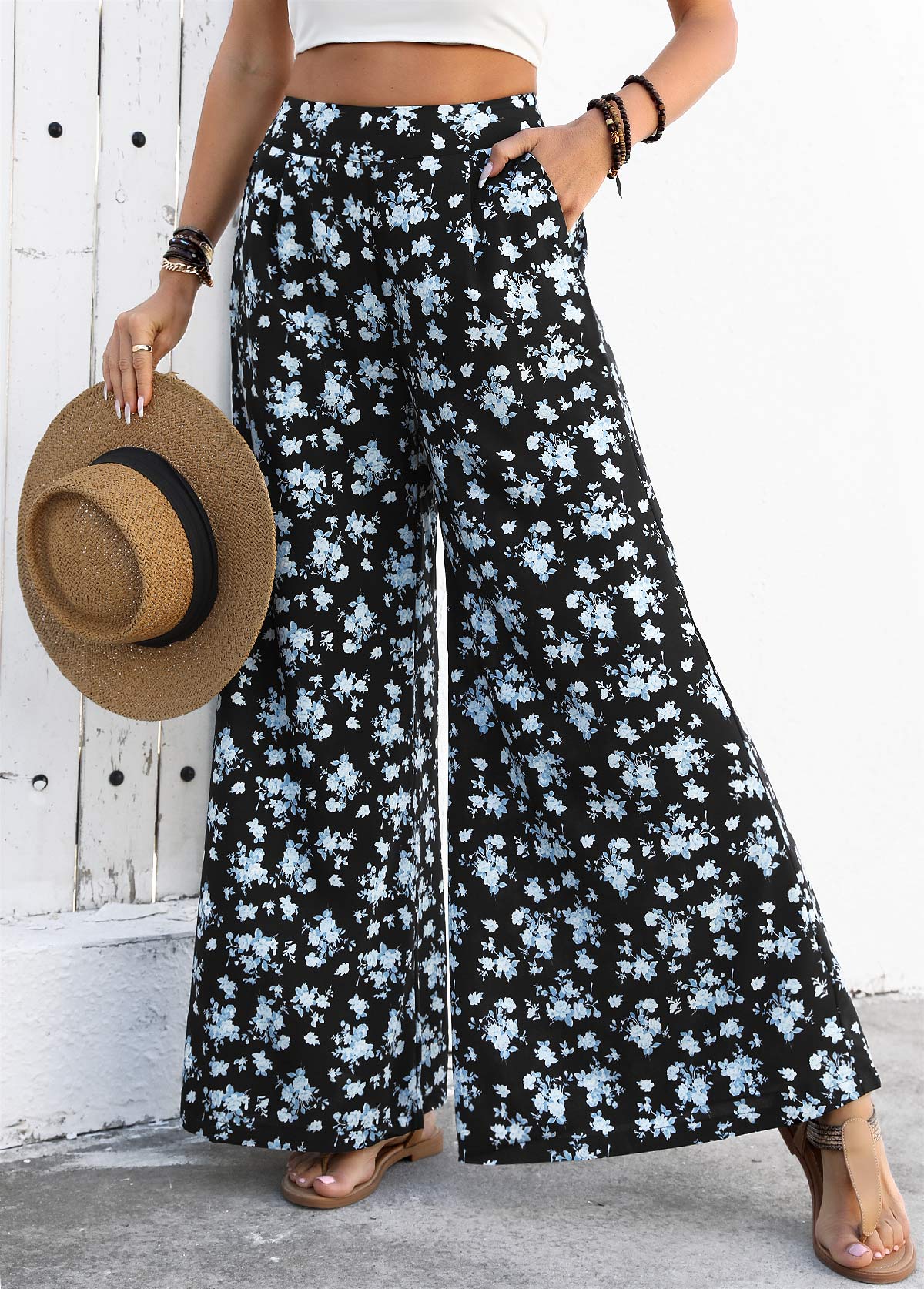 Black bottoms,Ditsy Floral bottoms,Flowy Ditsy Floral Print Black Wide Leg Pants