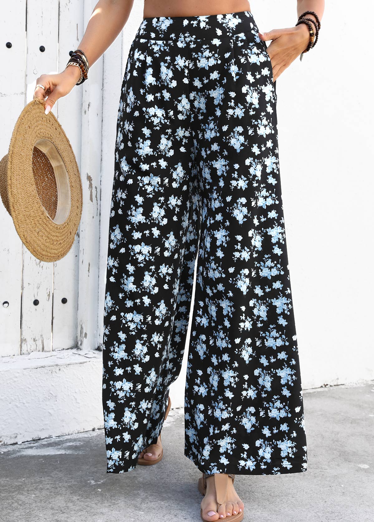 Black bottoms,Ditsy Floral bottoms,Flowy Ditsy Floral Print Black Wide Leg Pants