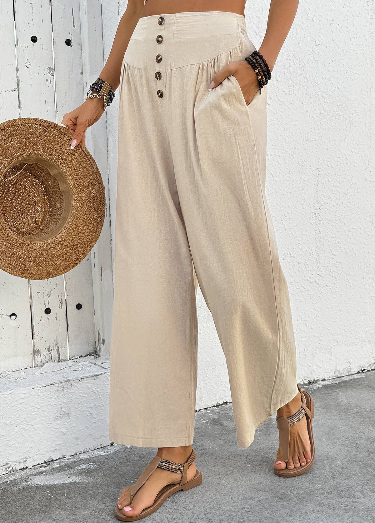 Light Camel bottoms,Plain Color bottoms,Soft Light Camel Wide Leg Elastic Waist Pants