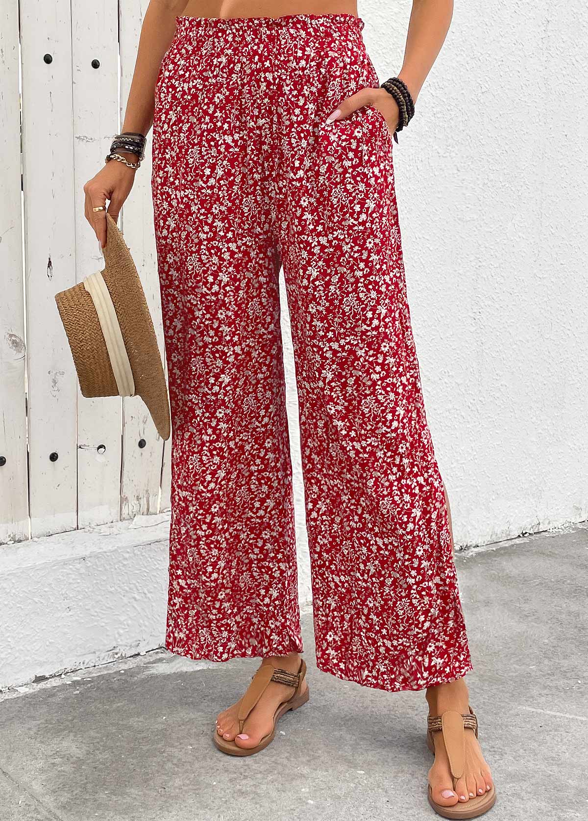 Wine Red bottoms,Ditsy Floral bottoms,Flowy Ditsy Floral Print Wine Red Wide Leg Pants