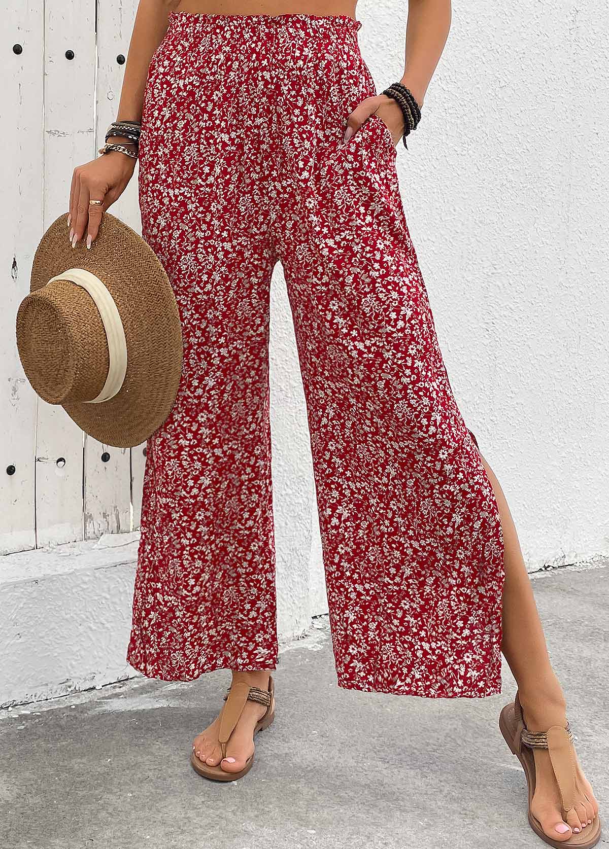 Wine Red bottoms,Ditsy Floral bottoms,Flowy Ditsy Floral Print Wine Red Wide Leg Pants
