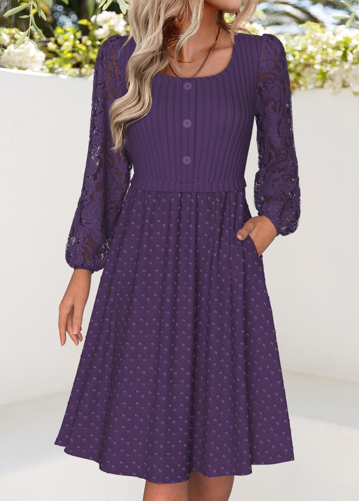 Purple dresses,Plain Color dresses,Everyday dresses,Casual dresses,ROTITA Tummy Coverage Purple Square Neck Long Sleeve Dress