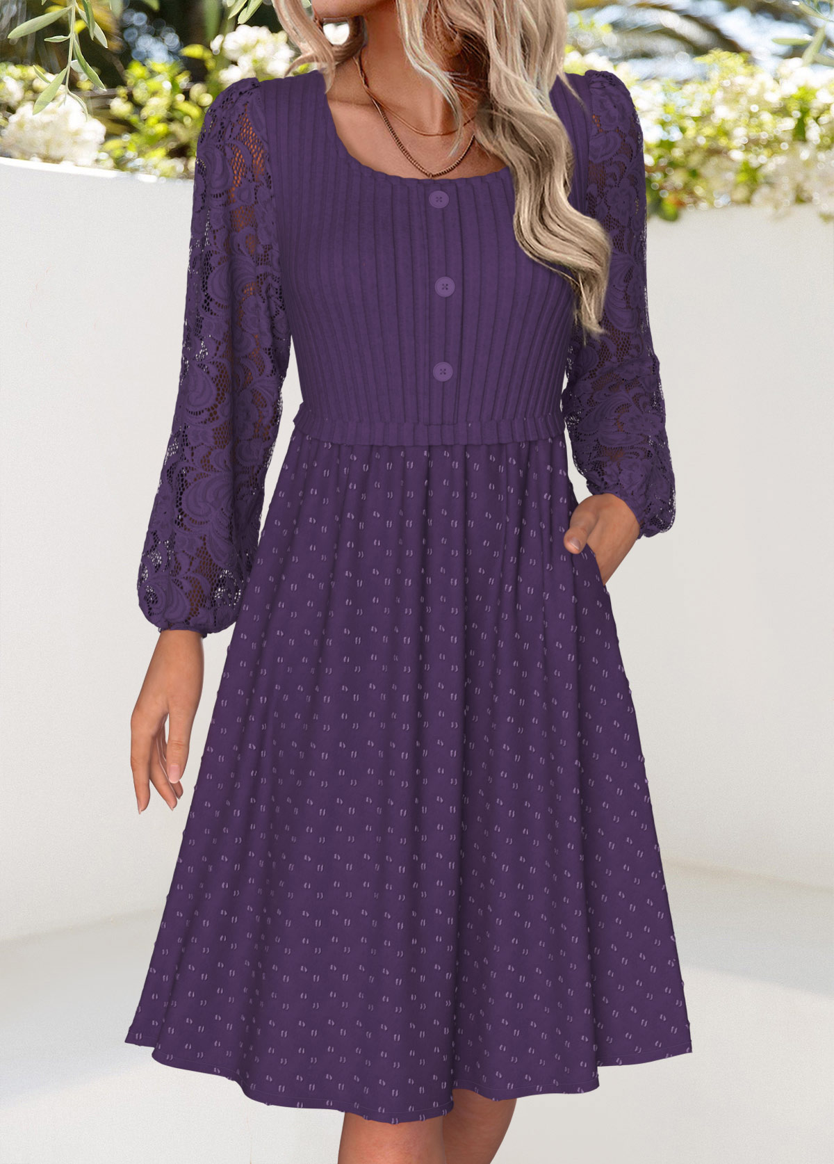 Purple dresses,Plain Color dresses,Everyday dresses,Casual dresses,ROTITA Tummy Coverage Purple Square Neck Long Sleeve Dress
