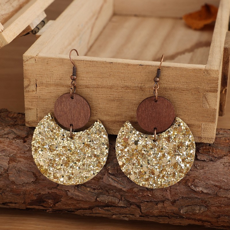 Golden jewelry,Golden Color Round Wood Detail Earrings