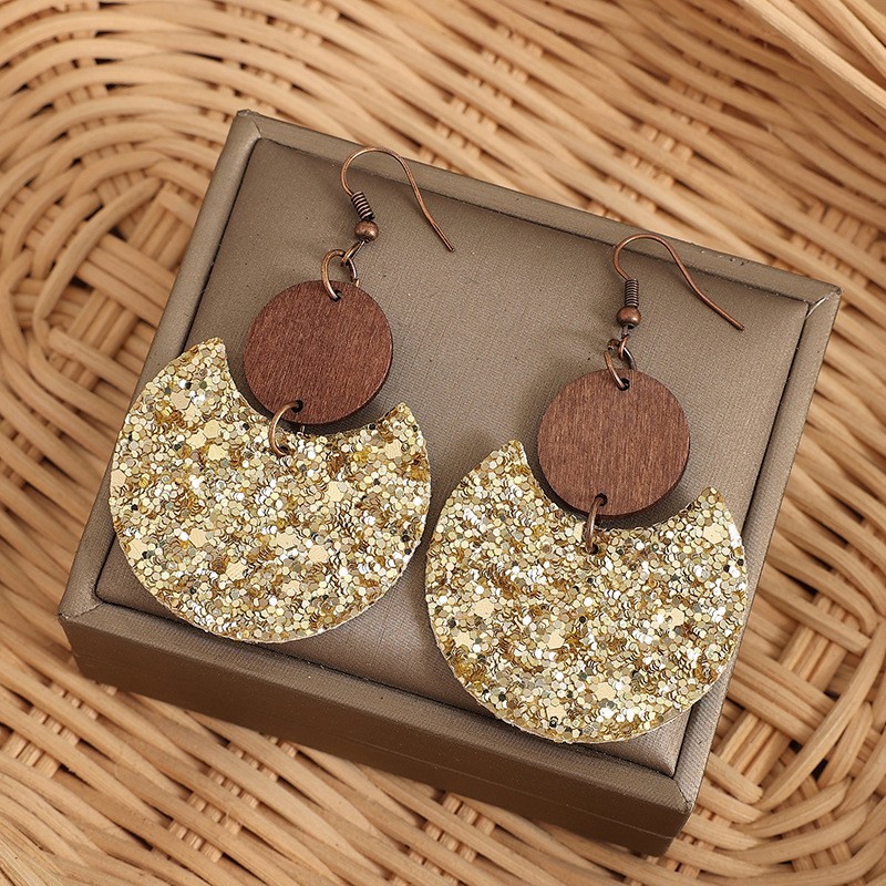 Golden jewelry,Golden Color Round Wood Detail Earrings