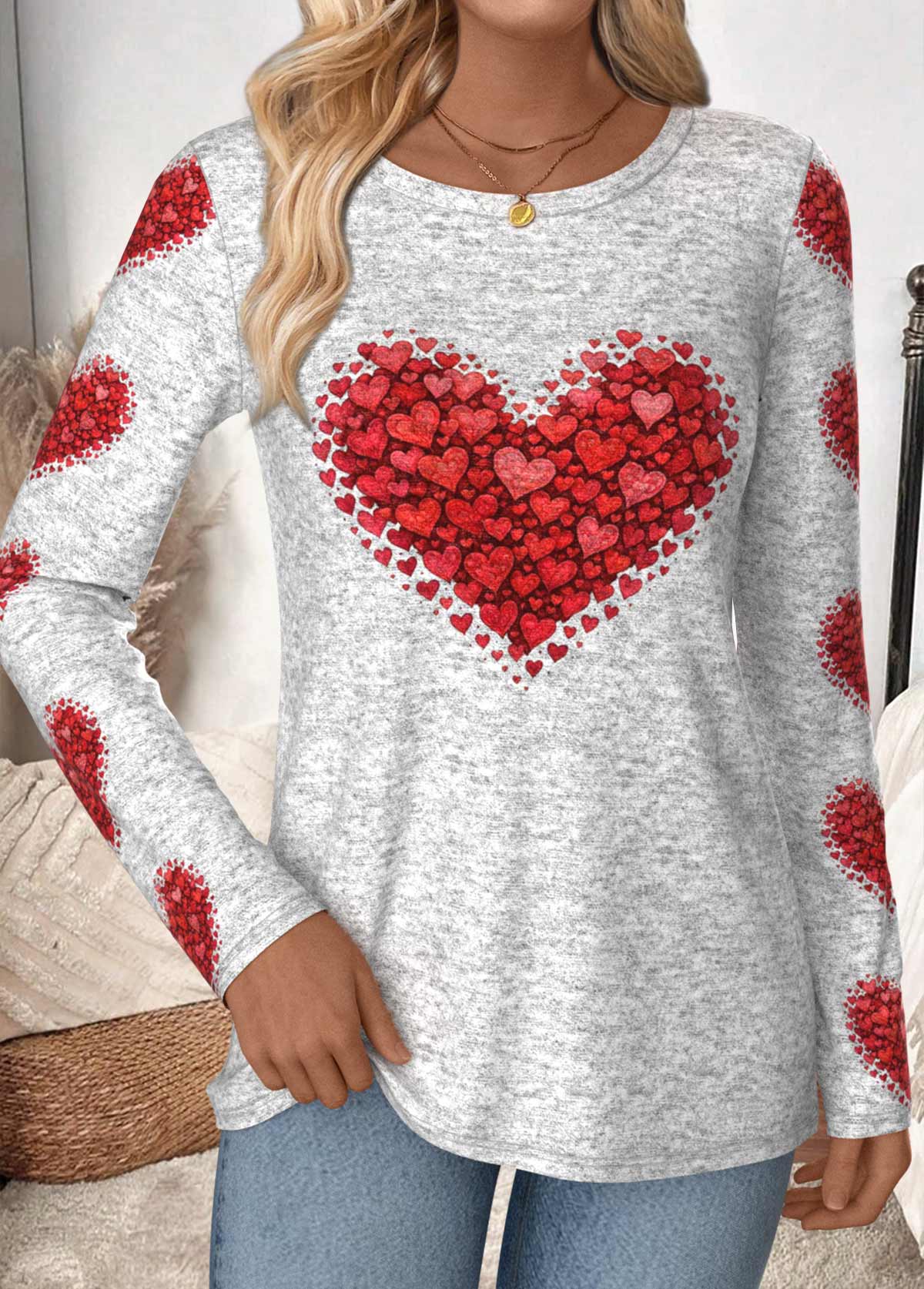 Multi Color tops,Heart tops,ROTITA Heart Print Multi Color Round Neck T Shirt