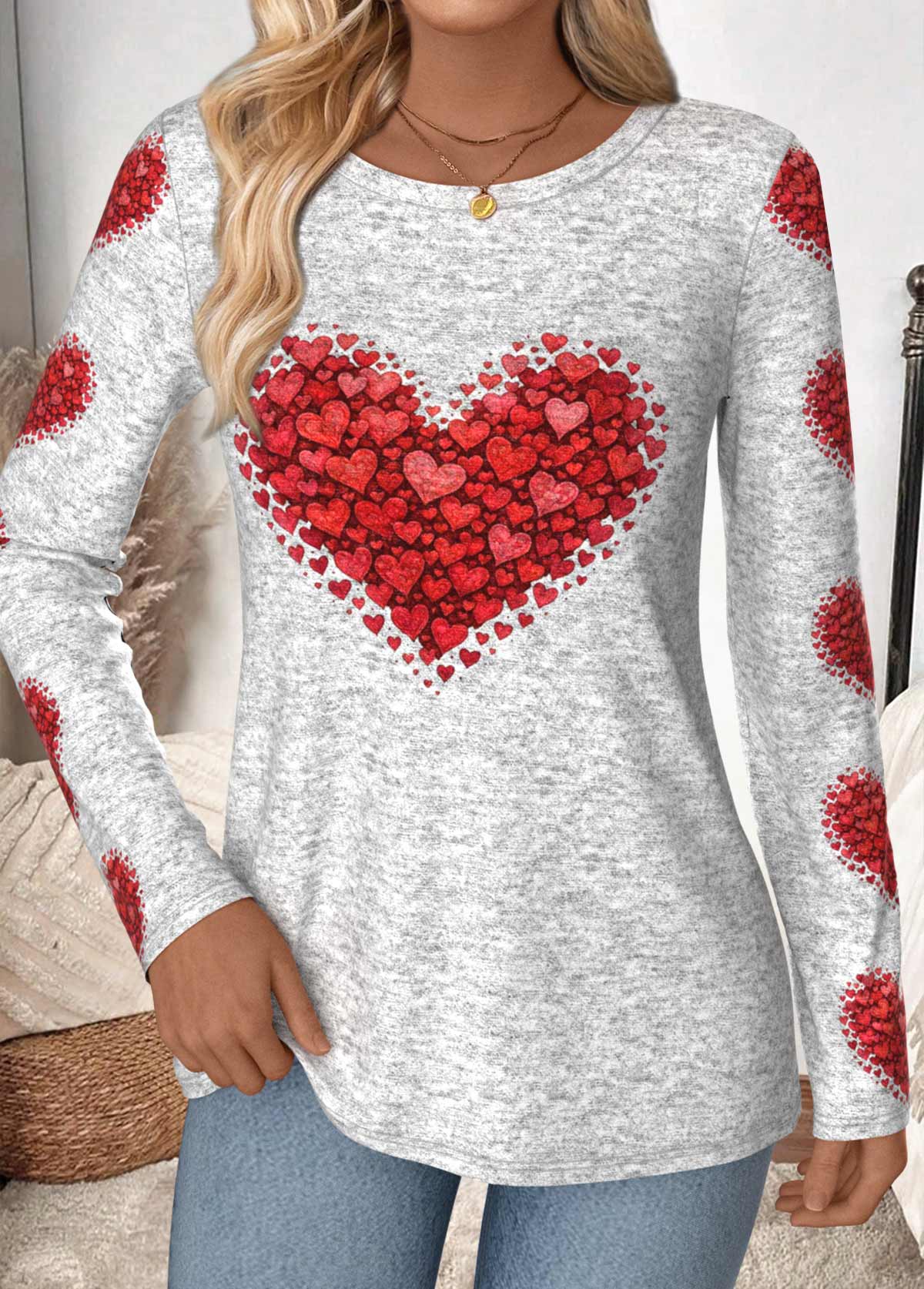 Multi Color tops,Heart tops,ROTITA Heart Print Multi Color Round Neck T Shirt