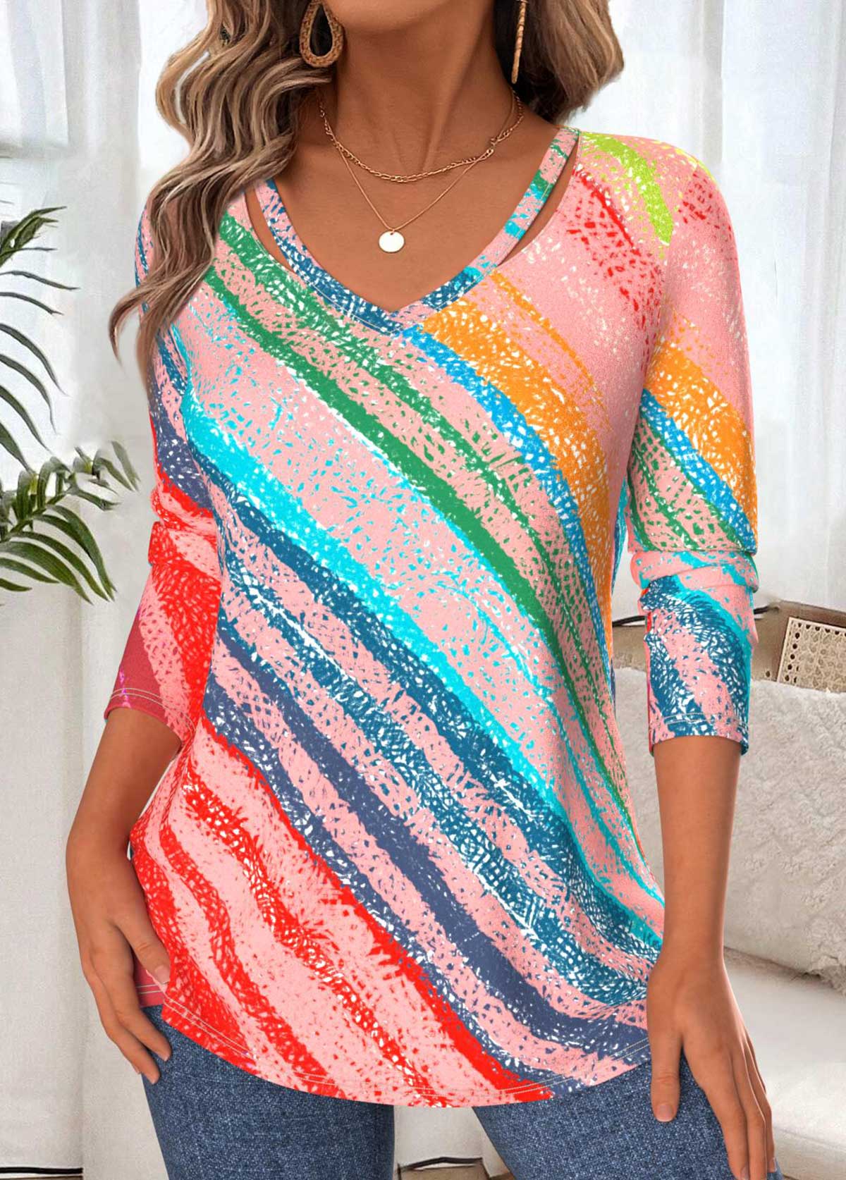 Multi Color tops,Geometric tops,ROTITA Tummy Coverage Geometric Print Multi Color T Shirt
