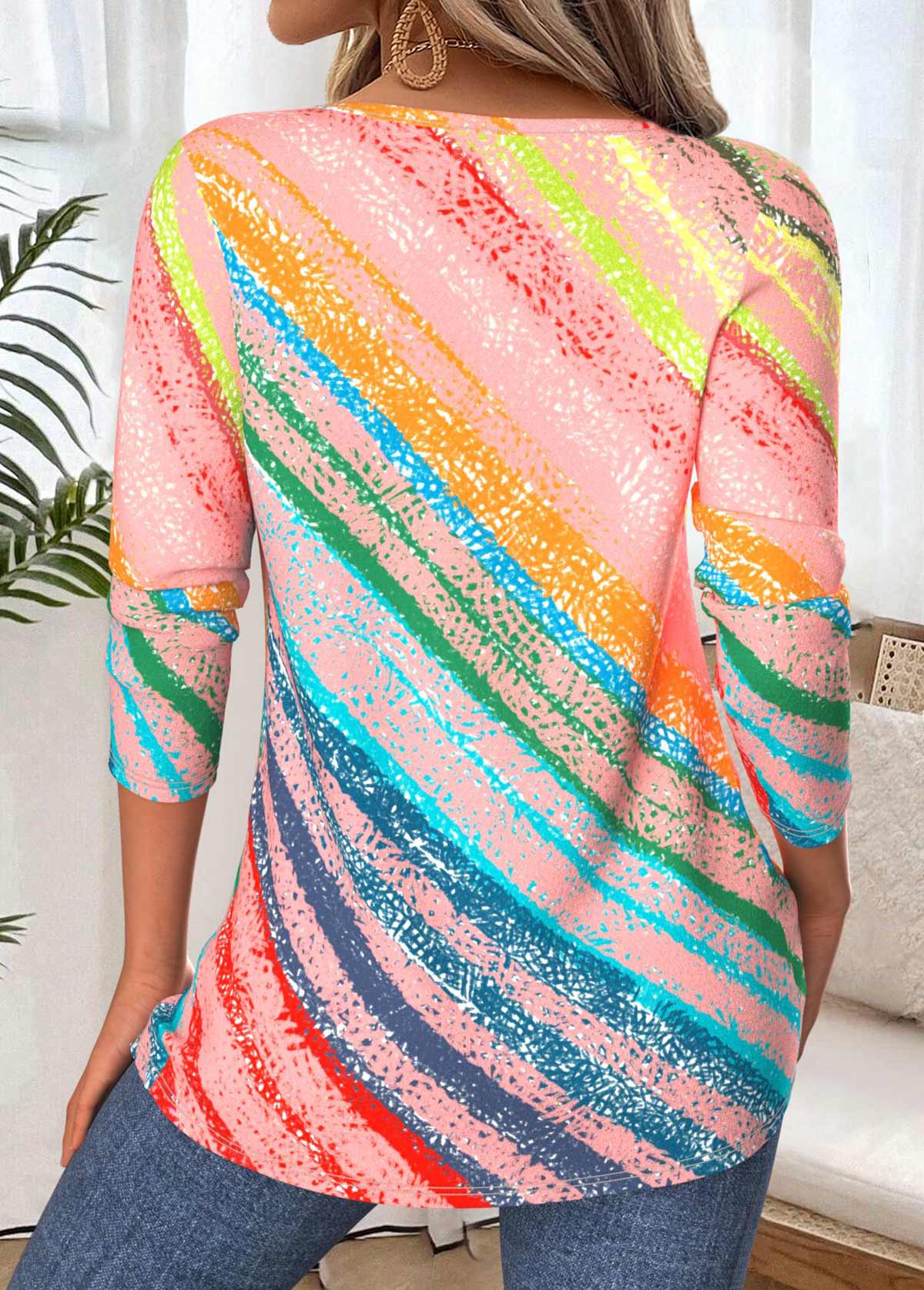 Multi Color tops,Geometric tops,ROTITA Tummy Coverage Geometric Print Multi Color T Shirt