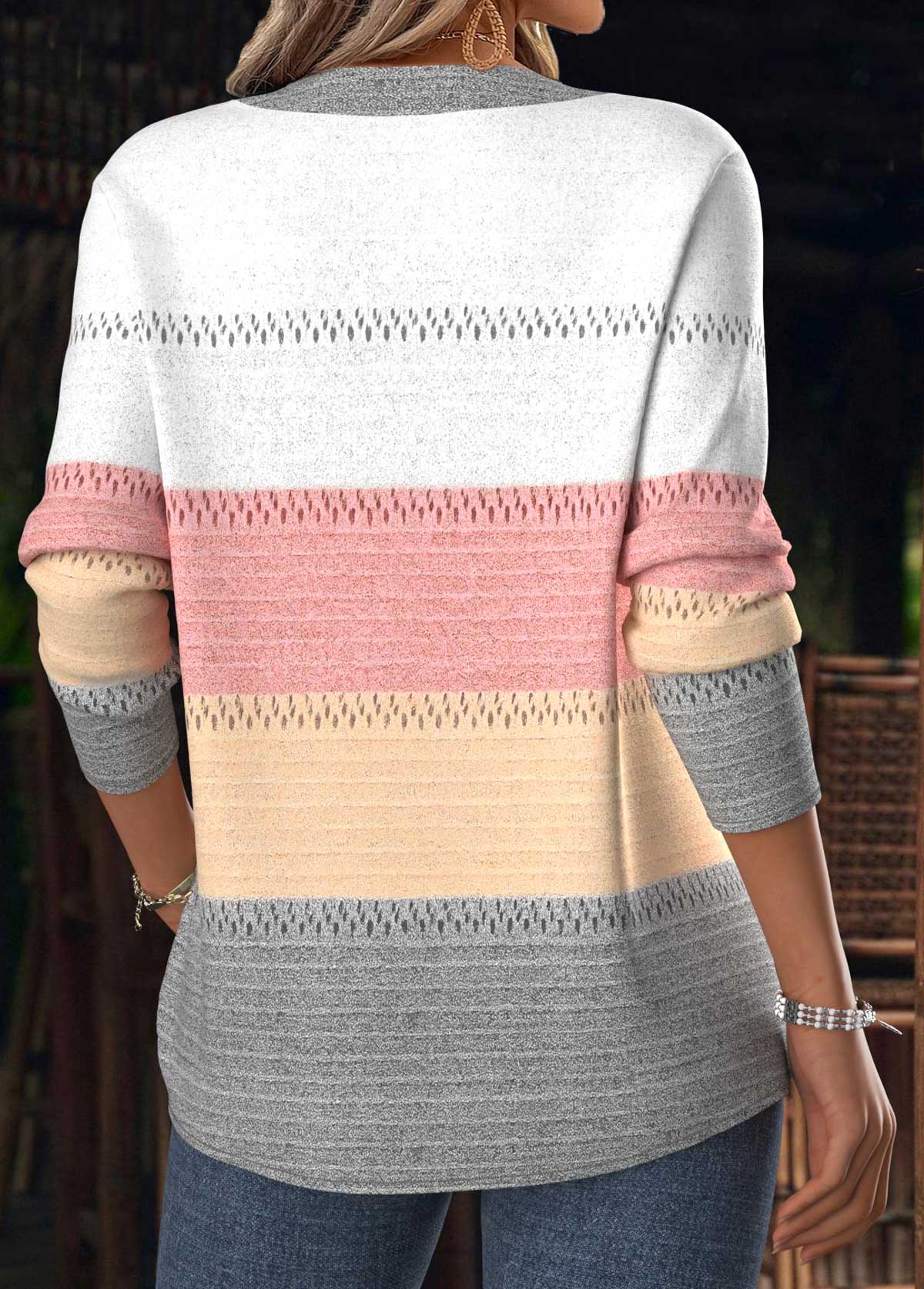 Multi Color tops,Striped tops,Geometric tops,ROTITA Tummy Coverage Striped Multi Color V Neck T Shirt