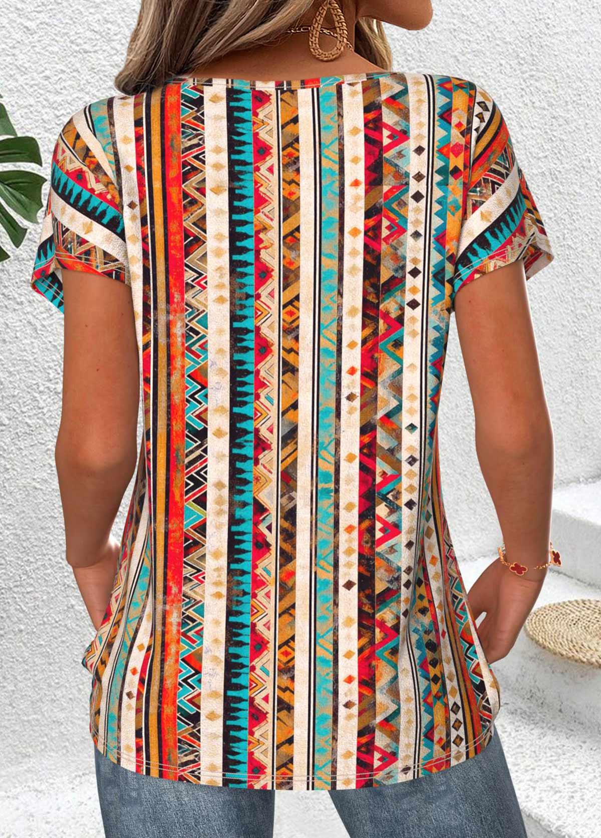 Multi Color tops,Tribal tops,ROTITA Tummy Coverage Tribal Print Multi Color T Shirt