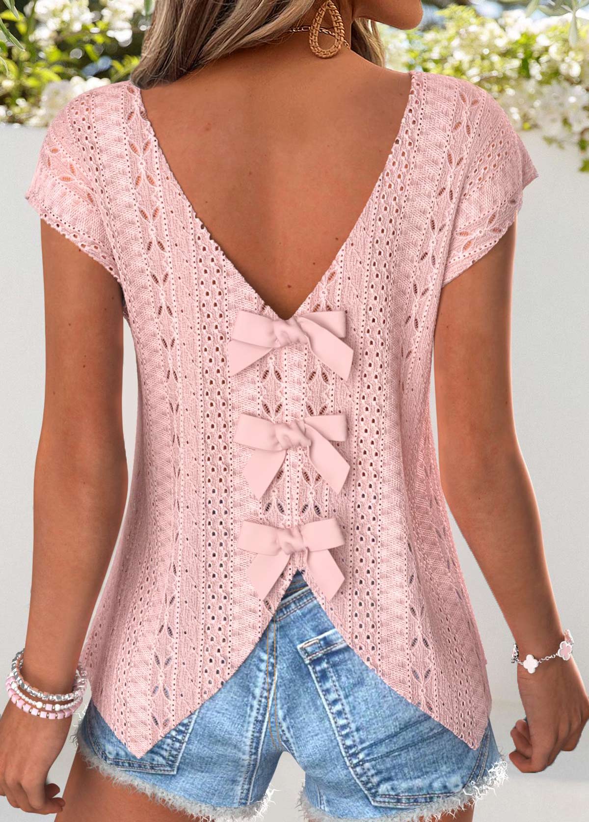 Light Pink tops,Plain Color tops,ROTITA Tummy Coverage Light Pink V Neck T Shirt