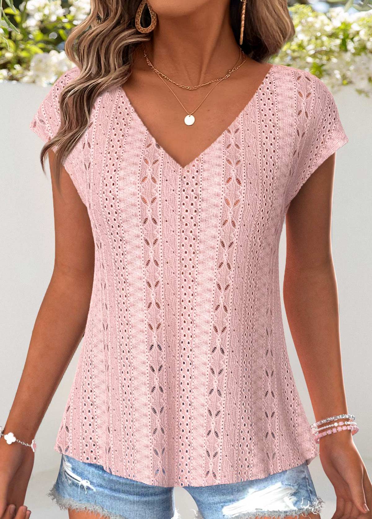 Light Pink tops,Plain Color tops,ROTITA Tummy Coverage Light Pink V Neck T Shirt