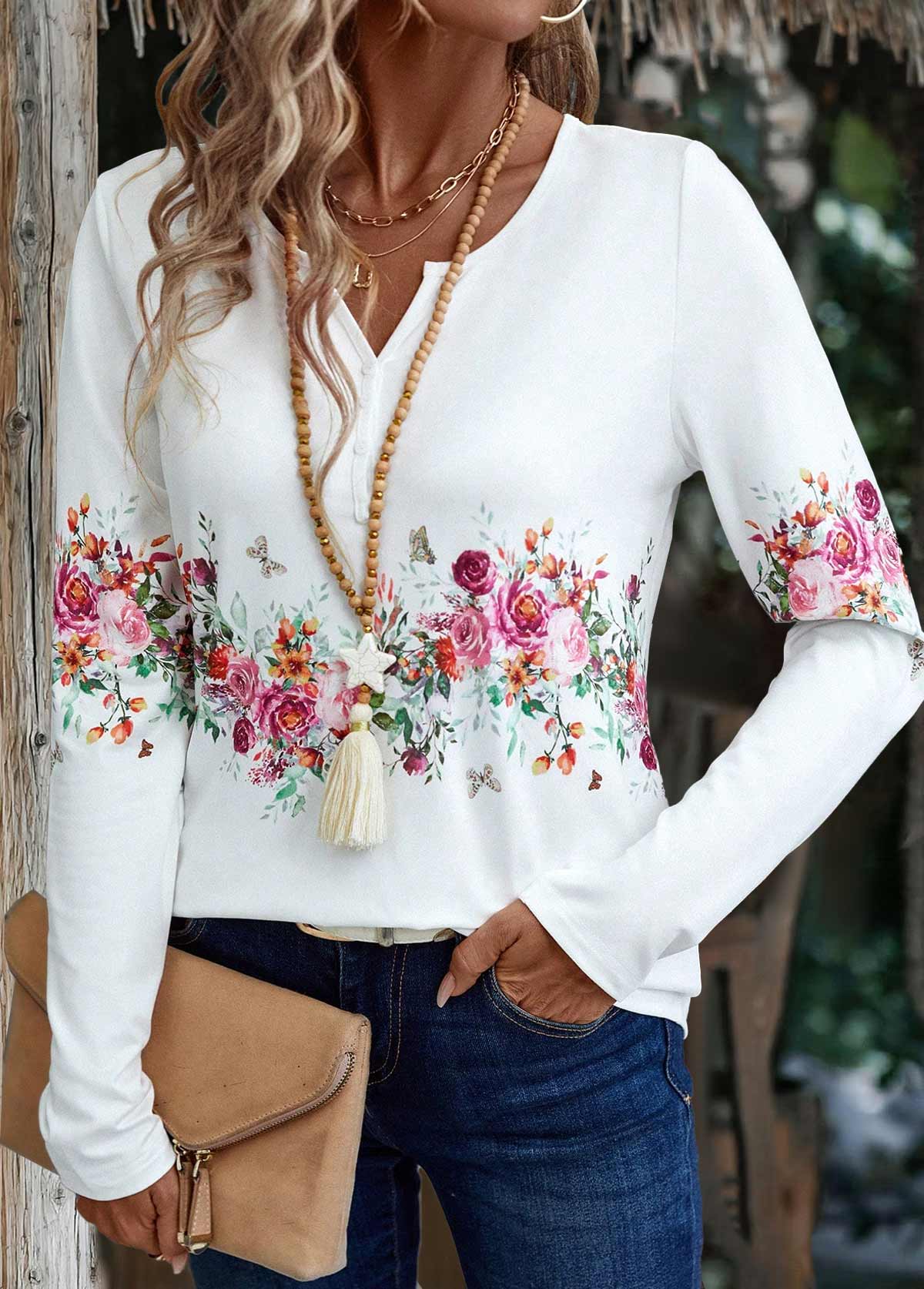White tops,Floral tops,Plants tops,ROTITA Button Floral Print White Split Neck T Shirt