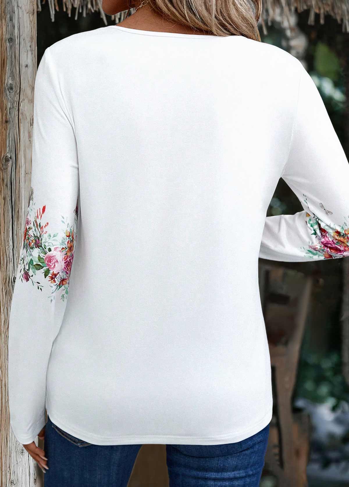 White tops,Floral tops,Plants tops,ROTITA Button Floral Print White Split Neck T Shirt