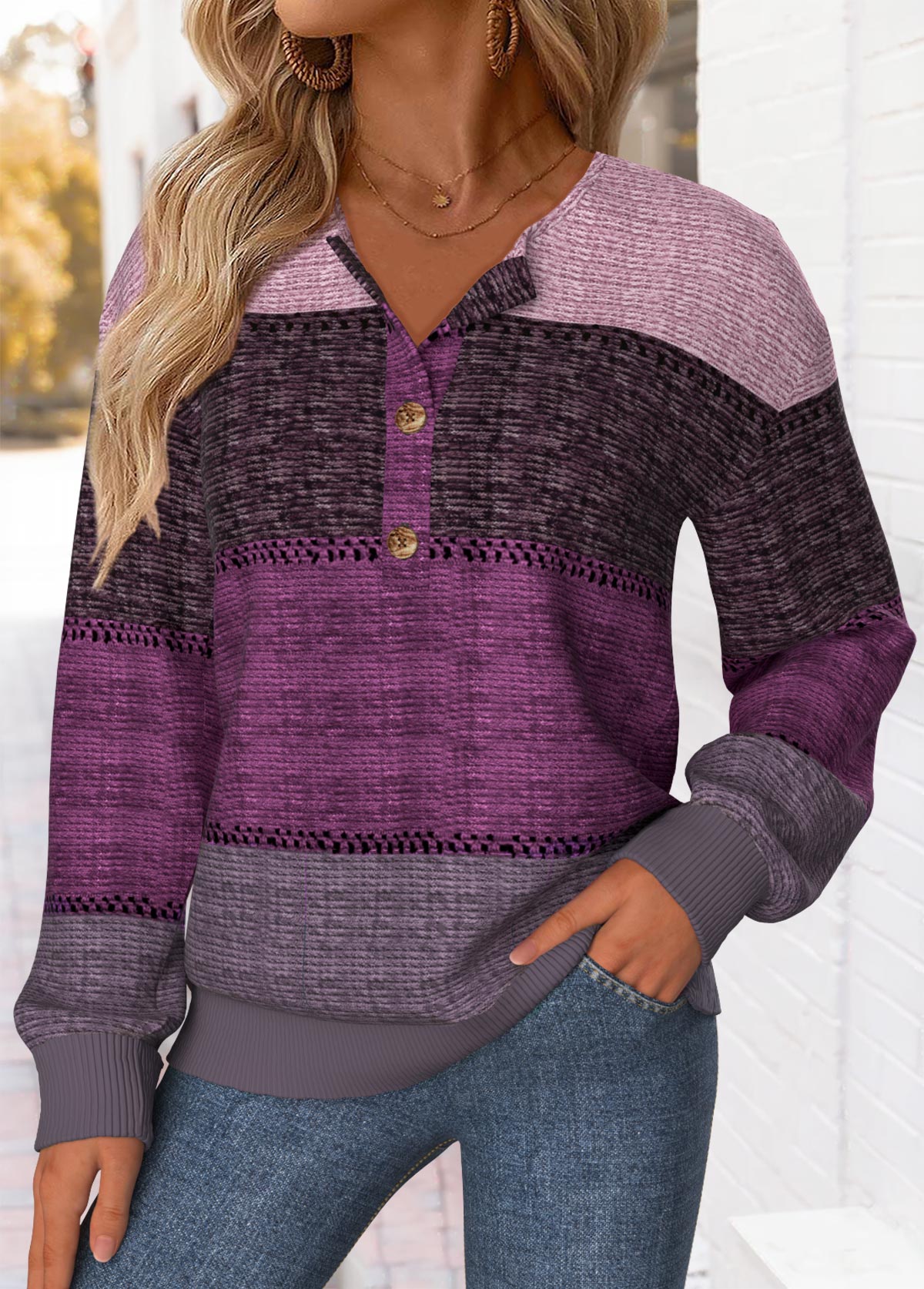 Purple tops,Striped tops,Geometric tops,ROTITA Tummy Coverage Striped Purple Split Neck Sweatshirt