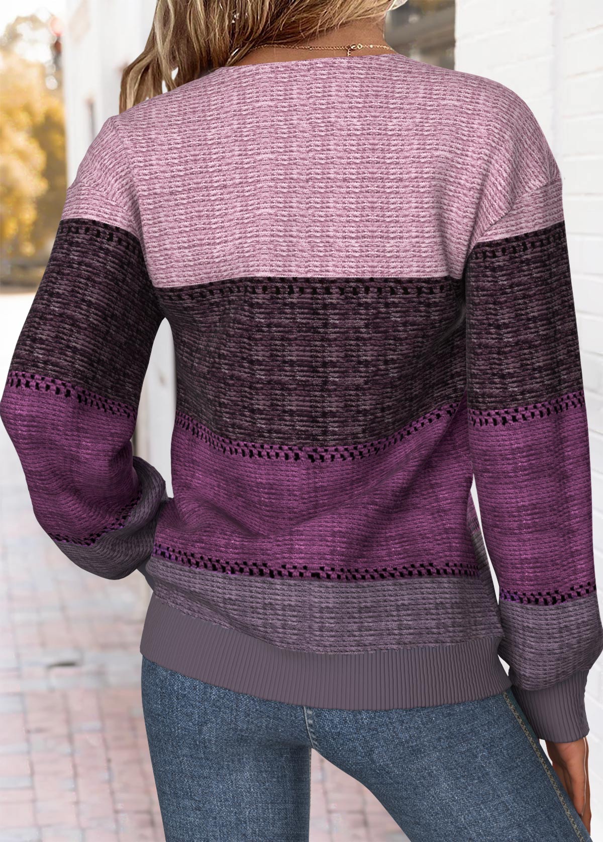 Purple tops,Striped tops,Geometric tops,ROTITA Tummy Coverage Striped Purple Split Neck Sweatshirt