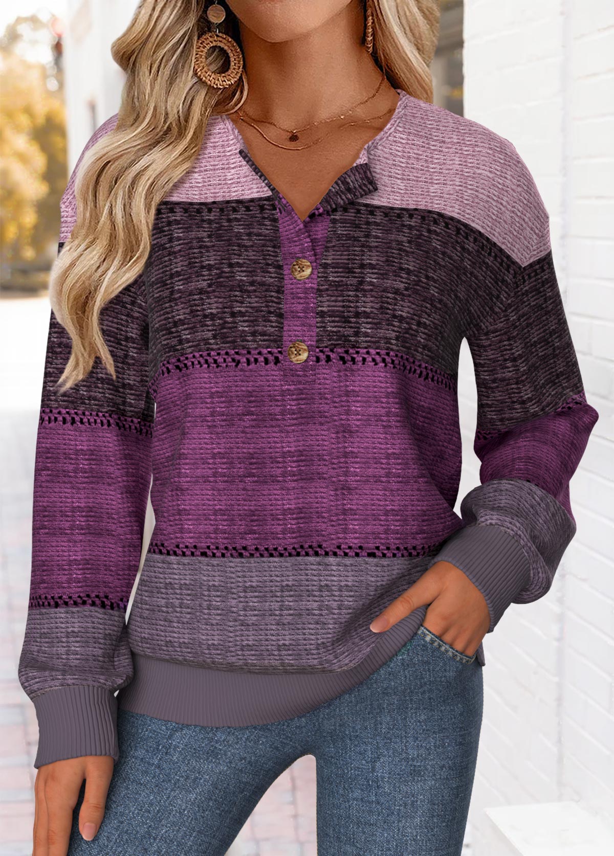 Purple tops,Striped tops,Geometric tops,ROTITA Tummy Coverage Striped Purple Split Neck Sweatshirt