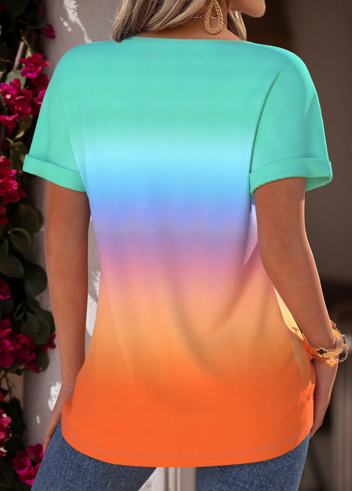 Multi Color tops,Ombre tops,ROTITA Tummy Coverage Ombre Multi Color Boat Neck T Shirt