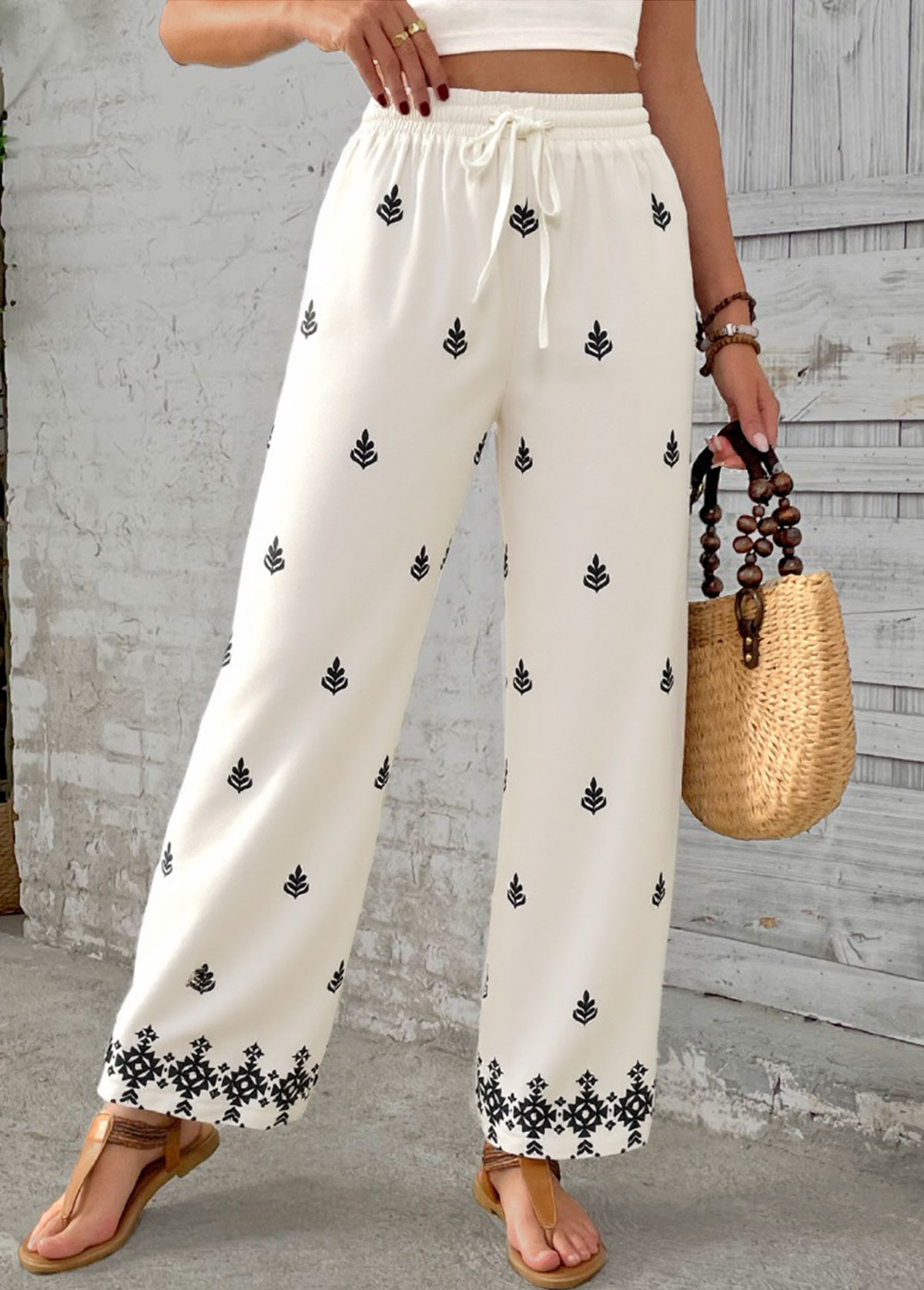 Beige bottoms,Tribal bottoms,Soft Tribal Print Beige Wide Leg Elastic Waist Pants