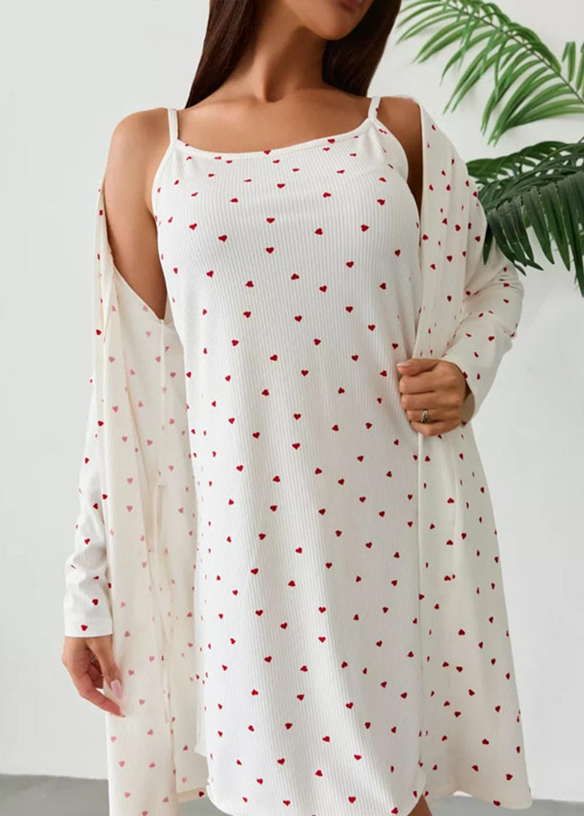 Beige loungewear,Heart loungewear,Heart Print Beige Scoop Neck Camisole and Robe