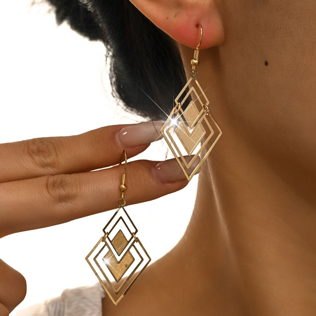 Golden jewelry,Geometric jewelry,Square Geometric Hollow Golden Copper Earrings