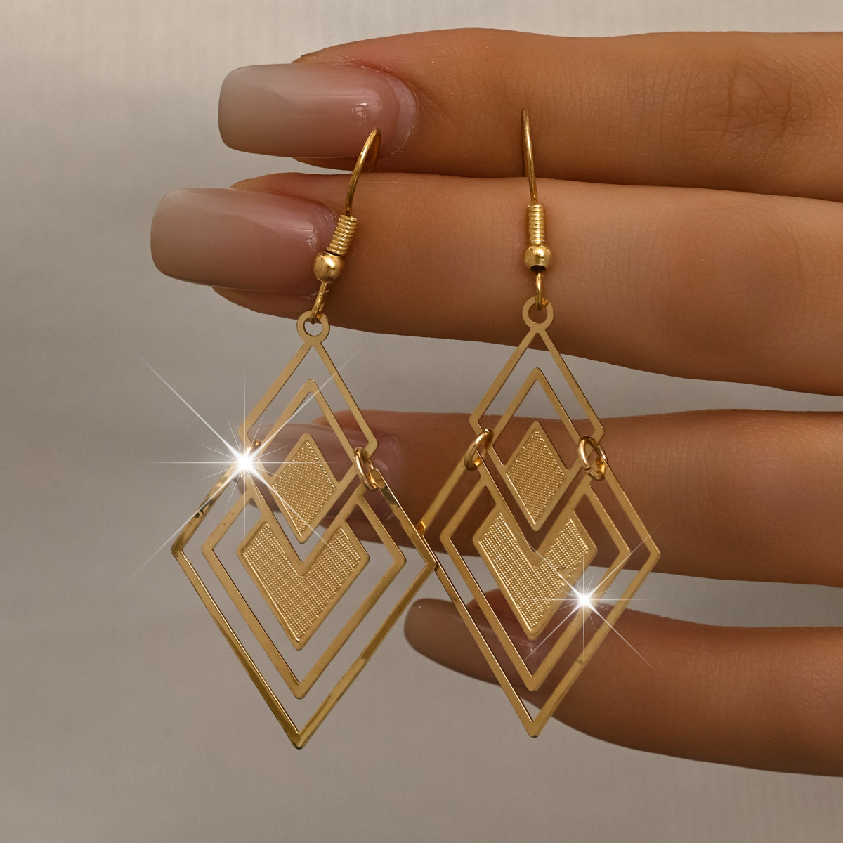 Golden jewelry,Geometric jewelry,Square Geometric Hollow Golden Copper Earrings