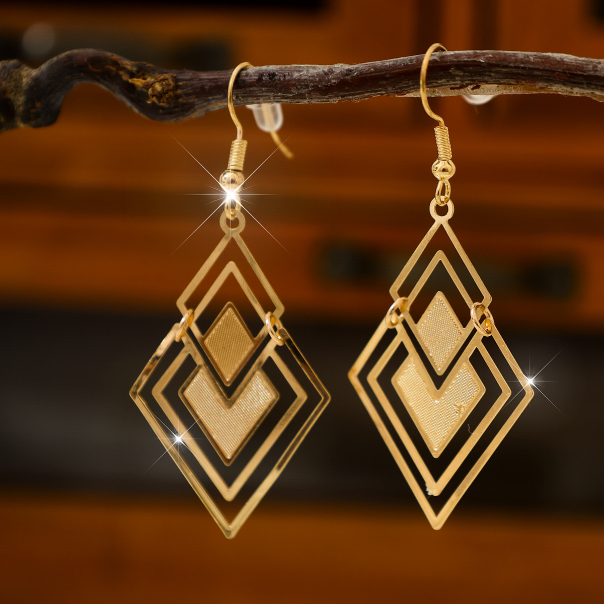 Golden jewelry,Geometric jewelry,Square Geometric Hollow Golden Copper Earrings