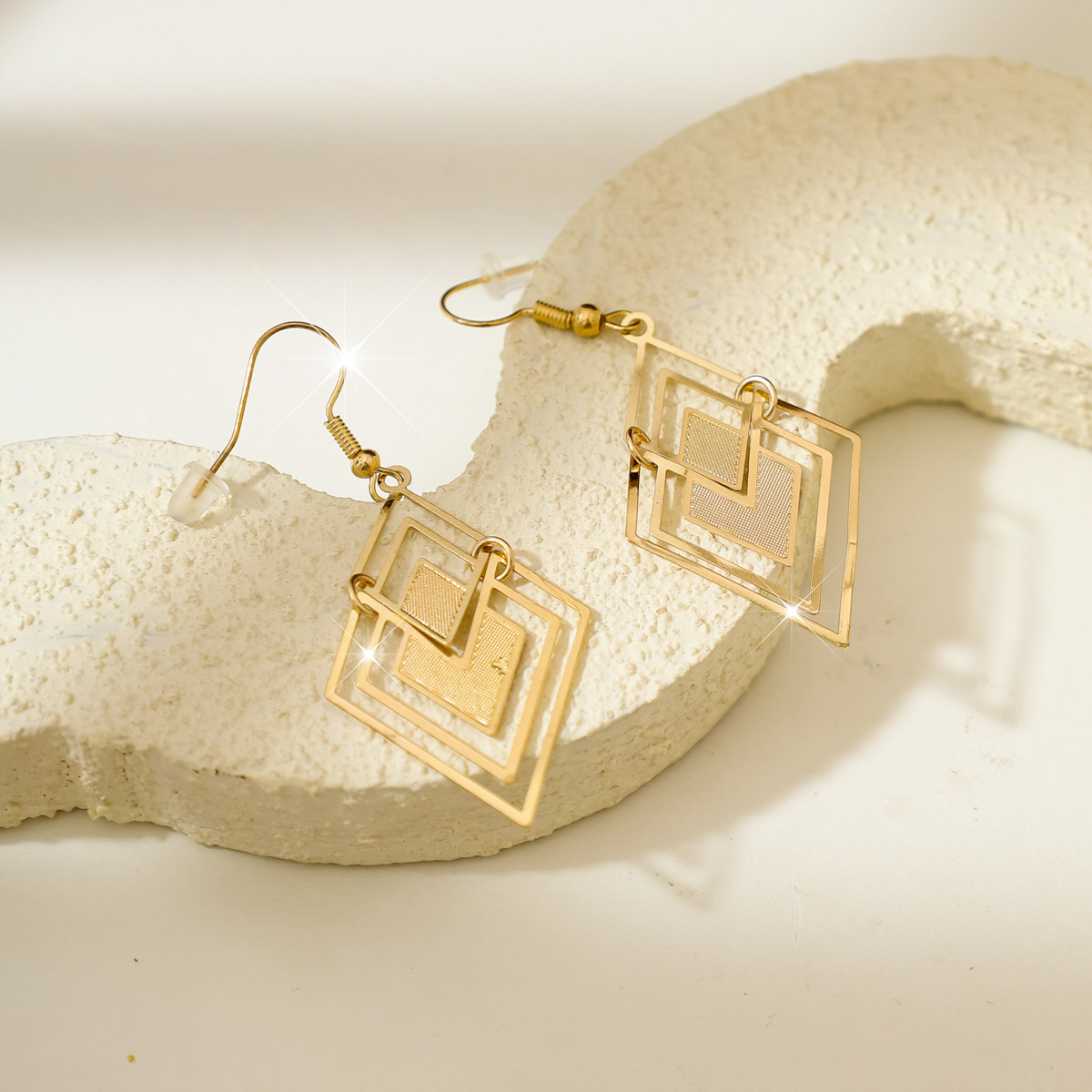 Golden jewelry,Geometric jewelry,Square Geometric Hollow Golden Copper Earrings