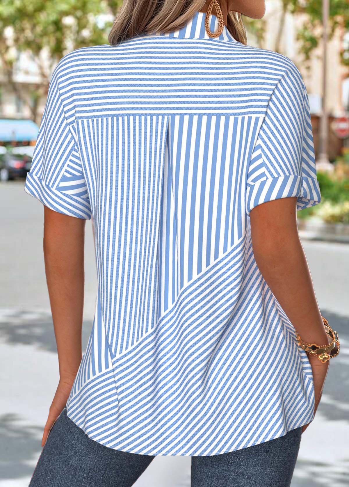Light Blue tops,Striped tops,Geometric tops,ROTITA Patch Pocket Striped Light Blue Short Sleeve Shirt