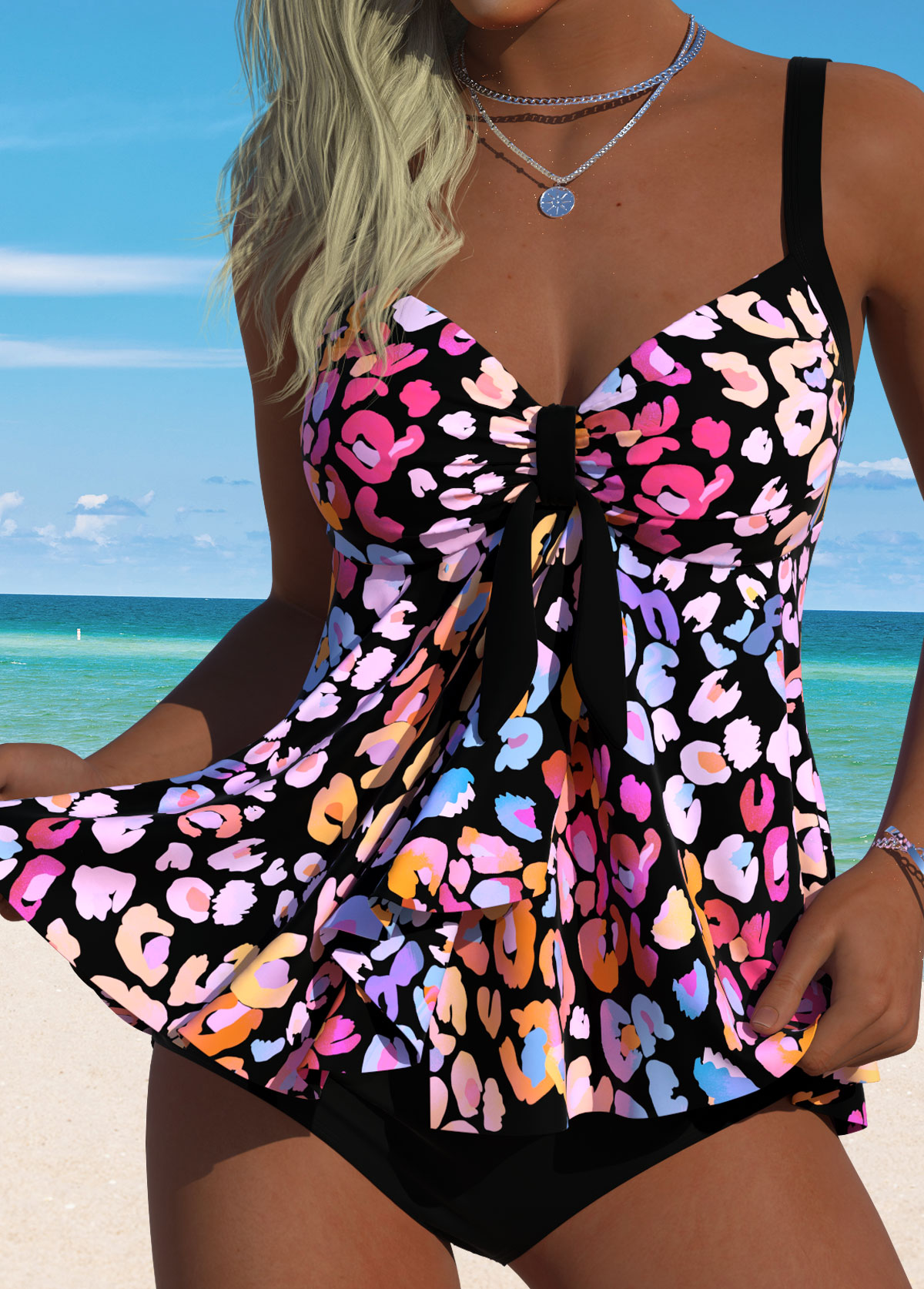 Multi Color swimwear,Leopard swimwear,Animal Print swimwear,ROTITA Tummy Coverage Multi Color Leopard Tankini Top