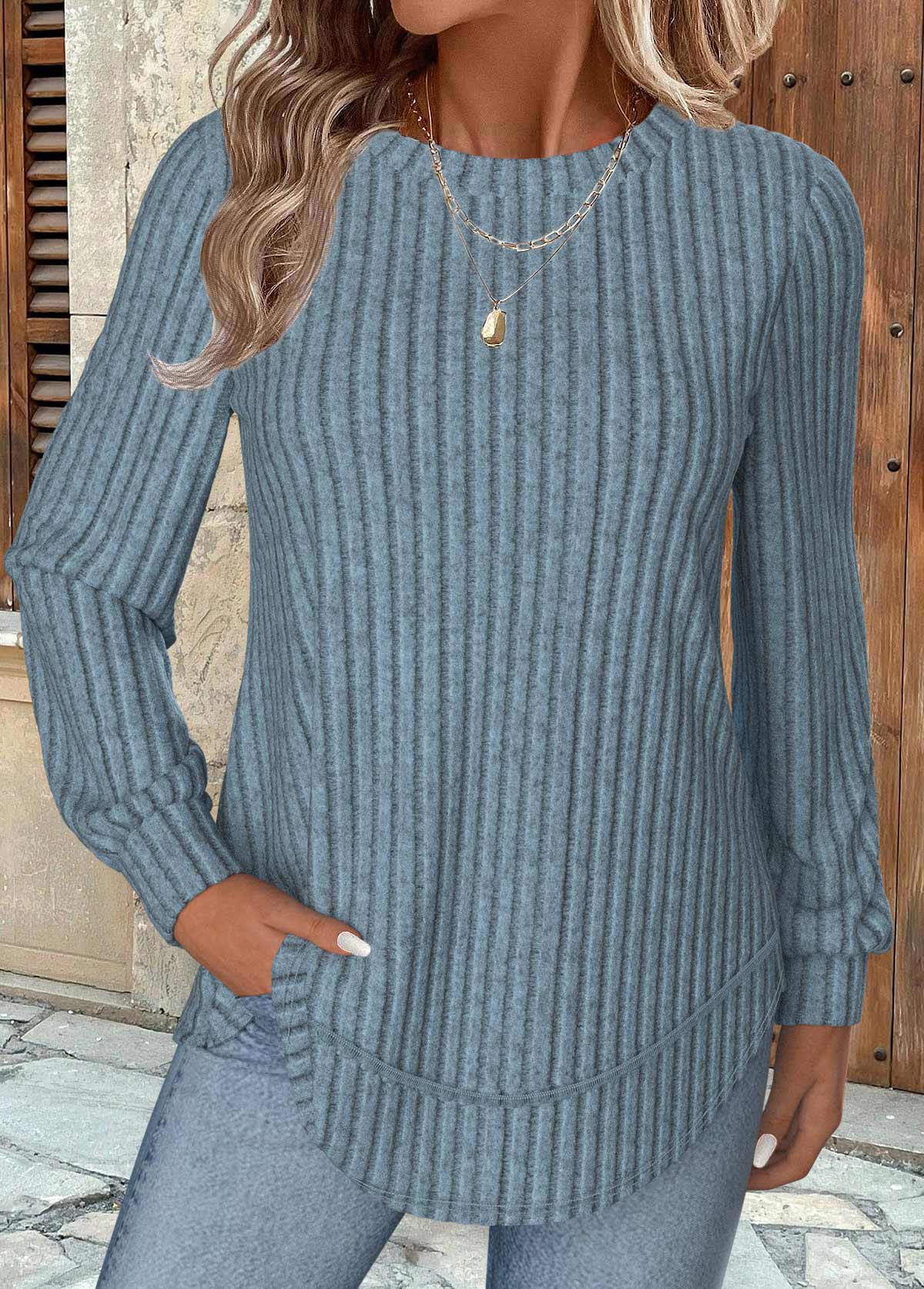 Dusty Blue tops,Plain Color tops,ROTITA Dusty Blue Round Neck Long Sleeve Sweatshirt