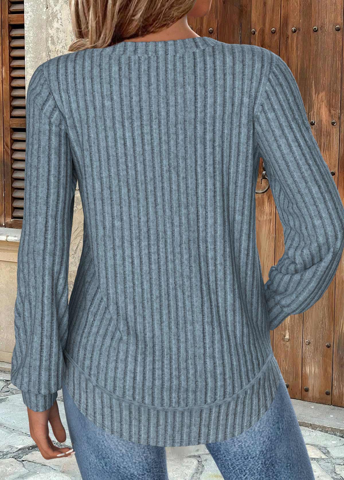 Dusty Blue tops,Plain Color tops,ROTITA Dusty Blue Round Neck Long Sleeve Sweatshirt